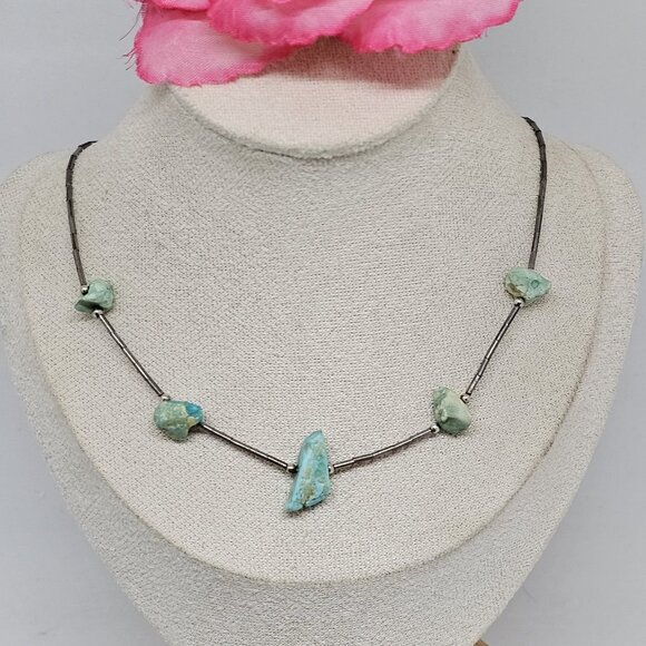 Southwestern Turquoise Nugget Liquid 925 Sterling Silver Necklace Choker 15" - Picture 9 of 11